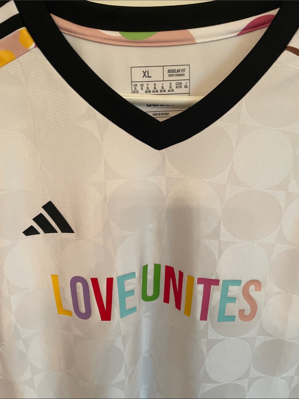 adidas White V-Neck 'LOVE UNITES' Multicolor Logo Jersey